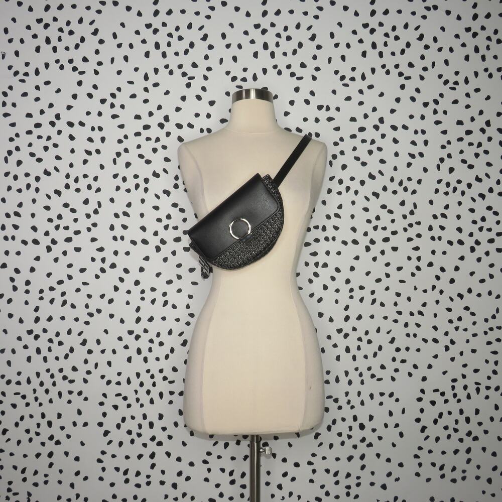 Steve Madden Black Faux Leather and Straw Belt Bag